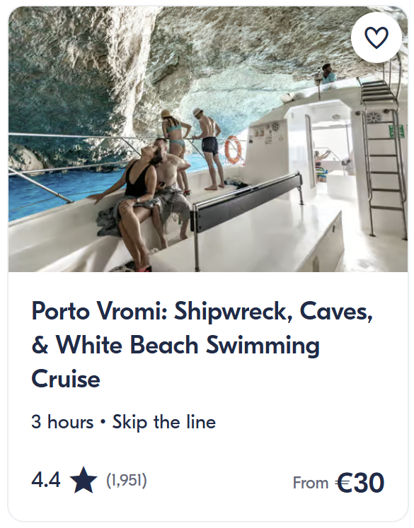 Boat cruise from Porto Vromi to Shipwreck Beach, sea caves and White Beach in Zakynthos, 3-hour tour with swimming stops, rated 4.4 stars, price from €30.