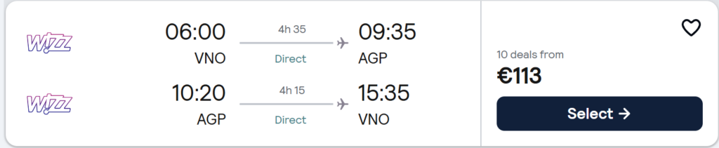 Tiesioginiai skrydžiai iš Vilniaus (VNO) į Malagą (AGP) su Wizz Air – išvykimas 06:00, grįžimas 10:20, kaina nuo 113 € į abi puses.