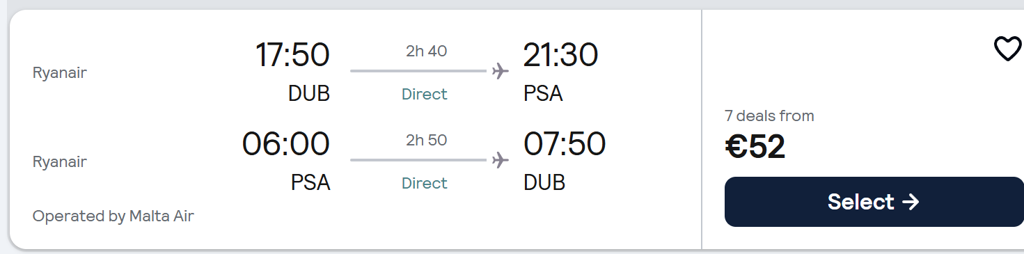 Pisa from Dublin direct return flights with Ryanair from €52, outbound 17:50 DUB to 21:30 PSA (2h 40m) and return 06:00 PSA to 07:50 DUB (2h 50m). Cheap Pisa flights from Ireland with direct service to Tuscany.