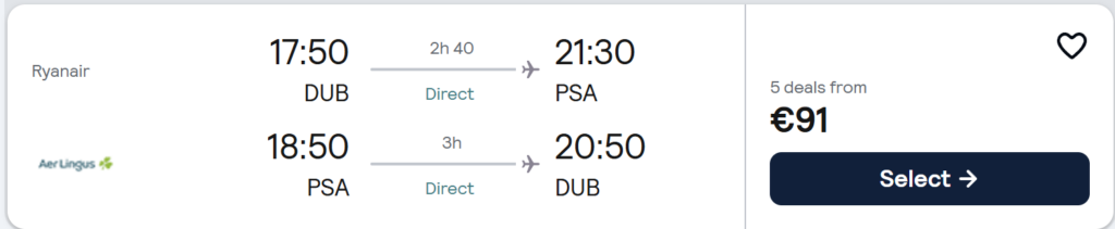 Pisa from Dublin return direct flights from €91 with Ryanair outbound 17:50 DUB to 21:30 PSA and Aer Lingus return 18:50 PSA to 20:50 DUB. Direct Italy flights from Dublin to Pisa for a Tuscany city break.