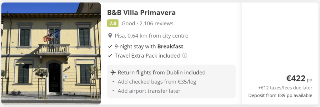 Pisa from Dublin 9-night flight and hotel package at B&B Villa Primavera with breakfast included, located 0.6 km from Pisa city centre. Return flights from Dublin included, Travel Extra Pack included, price from €422 per person. Affordable Tuscany city break near the Leaning Tower of Pisa.