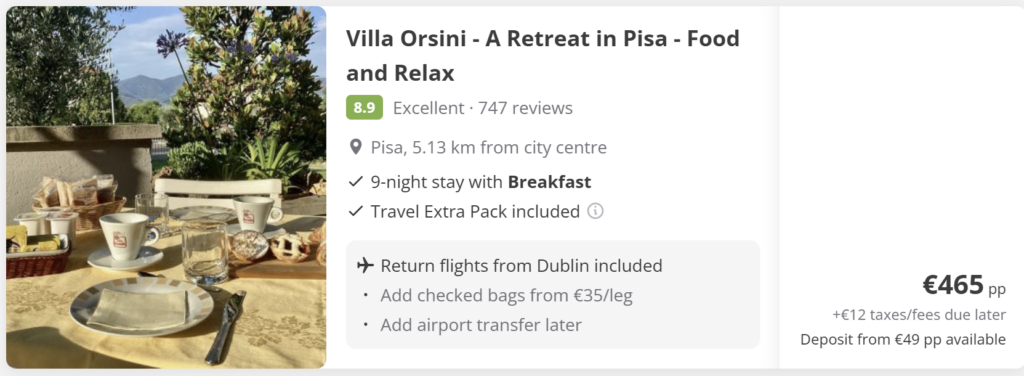Pisa from Dublin 9-night flight and hotel package at Villa Orsini with breakfast included, peaceful retreat 5 km from Pisa city centre. Return flights from Dublin included, Travel Extra Pack included, price from €465 per person. Relaxing Tuscany getaway close to Pisa and the Leaning Tower.