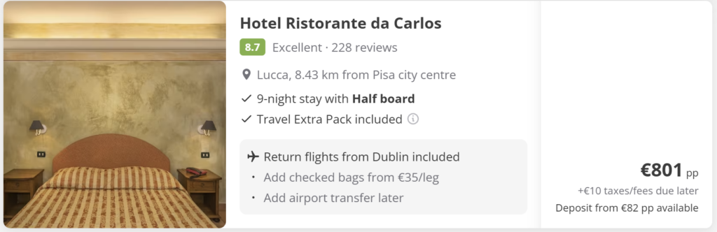 Pisa from Dublin 9-night Tuscany holiday package at Hotel Ristorante da Carlos in Lucca with half board included. Return flights from Dublin included, Travel Extra Pack included, price from €801 per person. Italy flight and hotel deal near Pisa and the Leaning Tower, ideal for a relaxed Tuscany getaway.