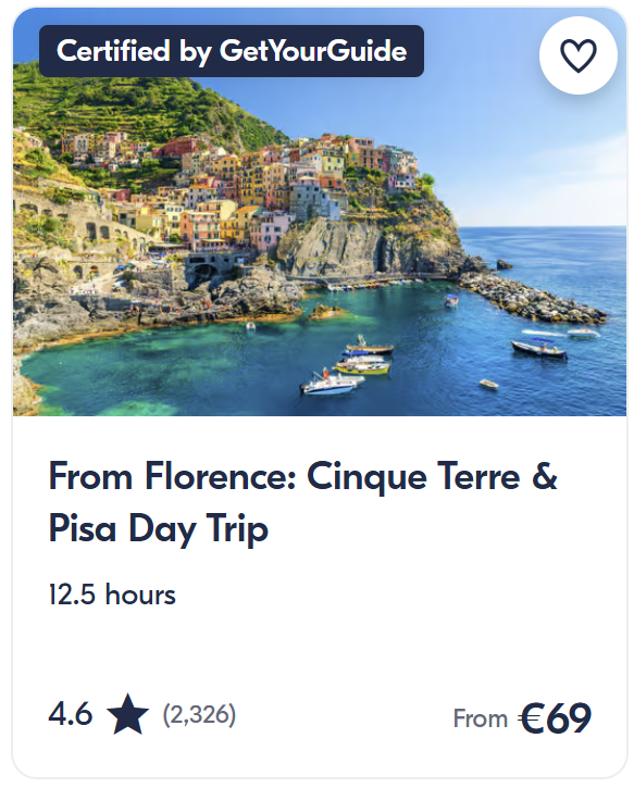 Screenshot of a 12.5-hour GetYourGuide day trip from Florence to Cinque Terre and Pisa. The tour is rated 4.6 stars based on 2,326 reviews and prices start from €69. The image shows the colorful coastal village of Cinque Terre by the sea.