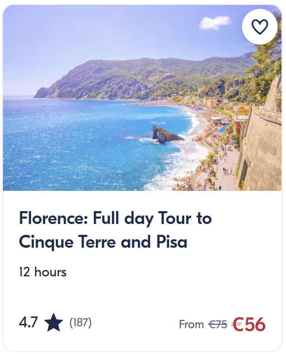 Screenshot of a GetYourGuide listing for a 12-hour full-day tour from Florence to Cinque Terre and Pisa. The tour is rated 4.7 stars from 187 reviews, with prices from €56. The image shows a scenic coastal view with mountains and blue sea.