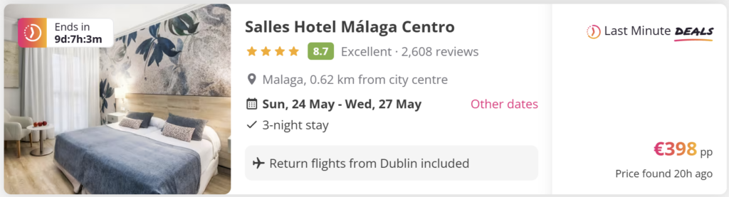 Screenshot of a package deal for Salles Hotel Málaga Centro, rated 8.7 (Excellent) with 2,608 reviews. Located 0.62 km from Málaga city centre. The offer includes a 3-night stay from 24–27 May with return flights from Dublin. Price shown is €398 per person.