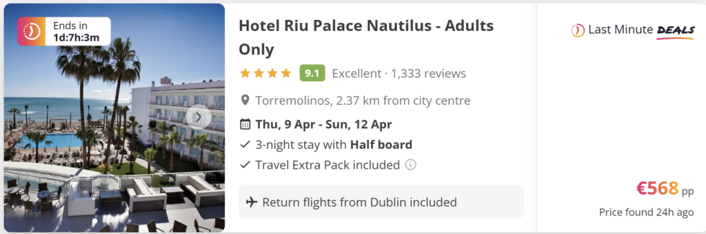 Screenshot of a holiday package for Hotel Riu Palace Nautilus – Adults Only in Torremolinos, Spain. The 4-star hotel is rated 9.1 (Excellent) with over 1,300 reviews. The deal includes a 3-night half-board stay from 9–12 April, Travel Extra Pack, and return flights from Dublin. Price shown is €568 per person.
