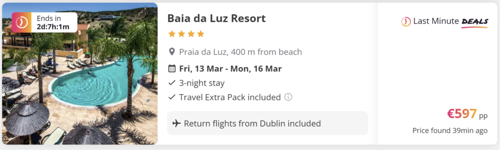 Screenshot of a travel deal for Baia da Luz Resort, a 4-star property in Praia da Luz, Portugal, located 400 meters from the beach. The package includes a 3-night stay from 13–16 March, Travel Extra Pack, and return flights from Dublin. Price shown is €597 per person.