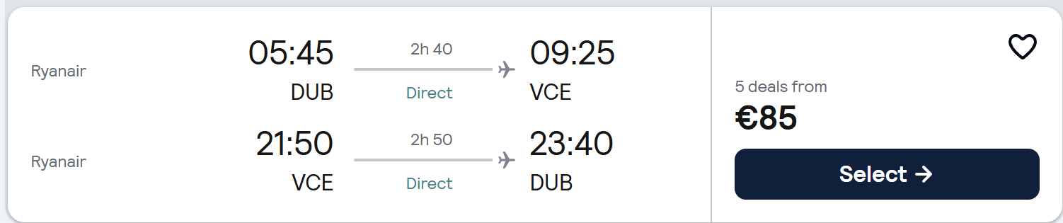Venice from Dublin direct return flights €85 with Ryanair, travel dates 13–16 April 2026. Cheap flights to Venice (VCE) from Dublin with 2h 40m direct flight. Perfect Venice city break deal from Ireland including St. Mark’s Square, gondolas and Italian spring getaway.