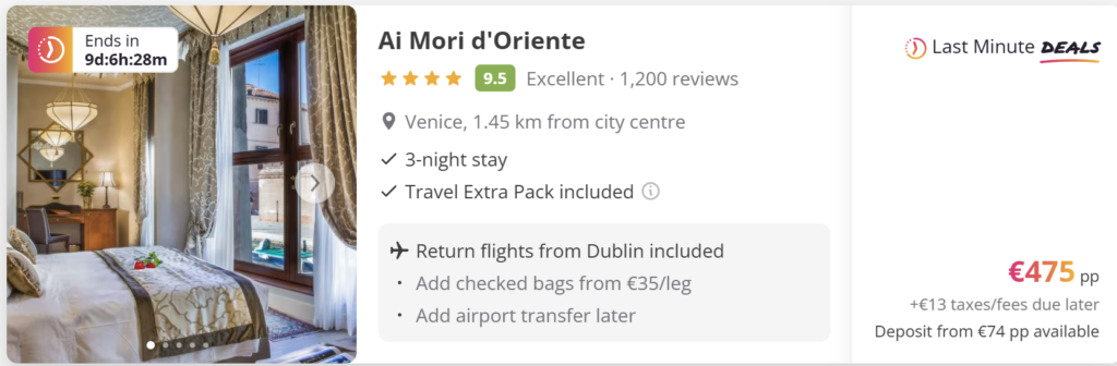 Venice from Dublin 3-night flight and hotel package at Ai Mori d'Oriente, located 1.45 km from Venice city centre. Return flights from Dublin included, Travel Extra Pack included, price from €475 per person. Boutique Venice city break close to canals and historic landmarks.
