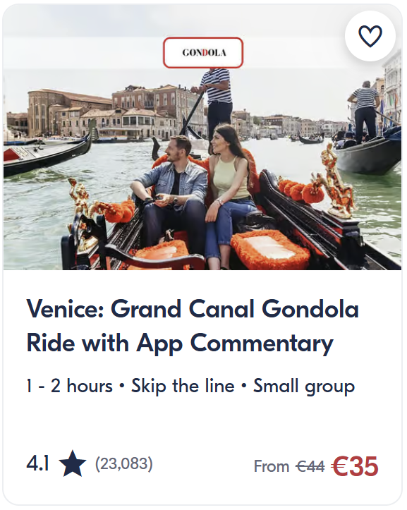 Venice Grand Canal gondola ride with mobile app commentary. Classic gondola experience through Venice canals with skip-the-line option.