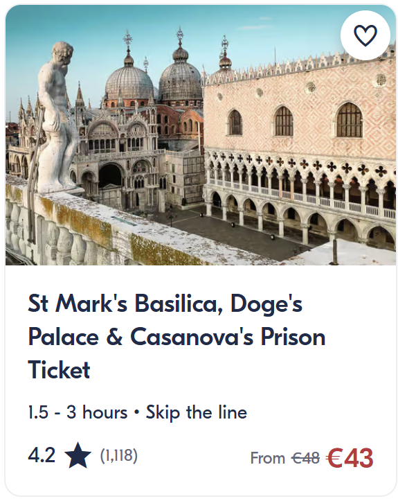 Venice skip-the-line ticket for St. Mark’s Basilica and Doge’s Palace including Casanova’s Prison. Guided historical tour of Venice’s top landmarks.