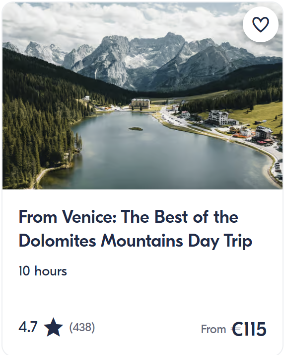Dolomites day trip from Venice with scenic mountain views, alpine lakes and guided transport. Full-day excursion from Venice to the Italian Dolomites.