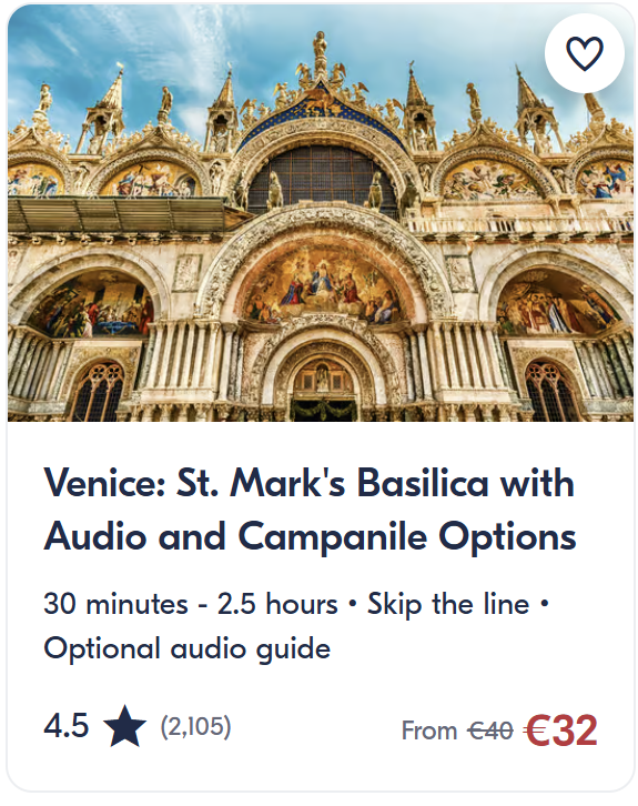 St. Mark’s Basilica Venice skip-the-line ticket with optional audio guide and Campanile access. Explore Venice’s most iconic cathedral in St. Mark’s Square with fast-track entry and panoramic views.