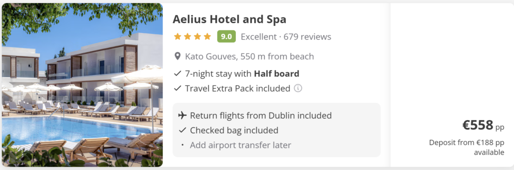 Flights from Dublin to Crete with 7-night half board stay at Aelius Hotel and Spa in Kato Gouves – return flights to Heraklion and checked baggage included holiday package.