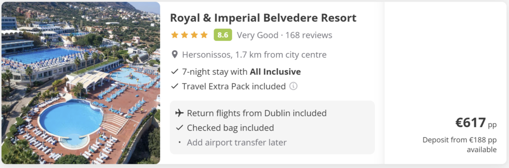 Crete all inclusive package from Dublin with 7 nights at Royal & Imperial Belvedere Resort in Hersonissos – flight + hotel deal with baggage included.