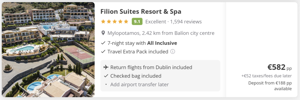 Crete all inclusive holiday from Dublin with 7 nights at Filion Suites Resort & Spa in Mylopotamos – flight and hotel package with baggage included.
