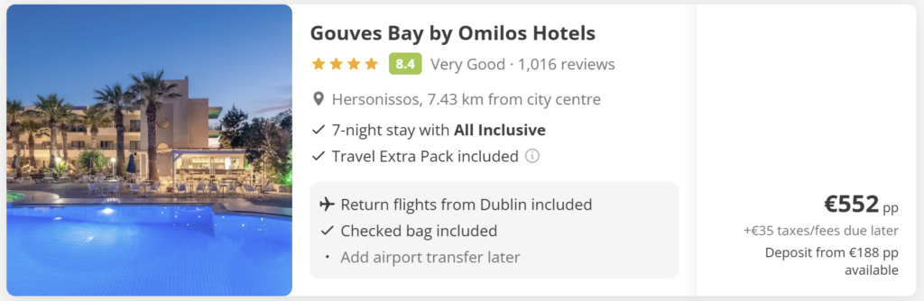 Crete all inclusive package from Dublin with 7 nights at Gouves Bay by Omilos Hotels in Hersonissos – flight + hotel deal with baggage included.