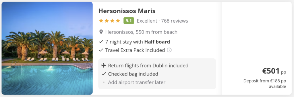Flights from Dublin to Crete with 7 nights half board at Hersonissos Maris in Hersonissos – flight and hotel package with baggage included.