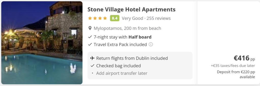 Flights from Dublin to Crete with 7 nights half board at Stone Village Hotel Apartments in Mylopotamos – flight + hotel holiday package including checked baggage.