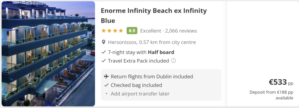 Flight from Dublin to Crete with 7-night stay at Enorme Infinity Beach ex Infinity Blue in Hersonissos, Greece – half board hotel package with return flights included.