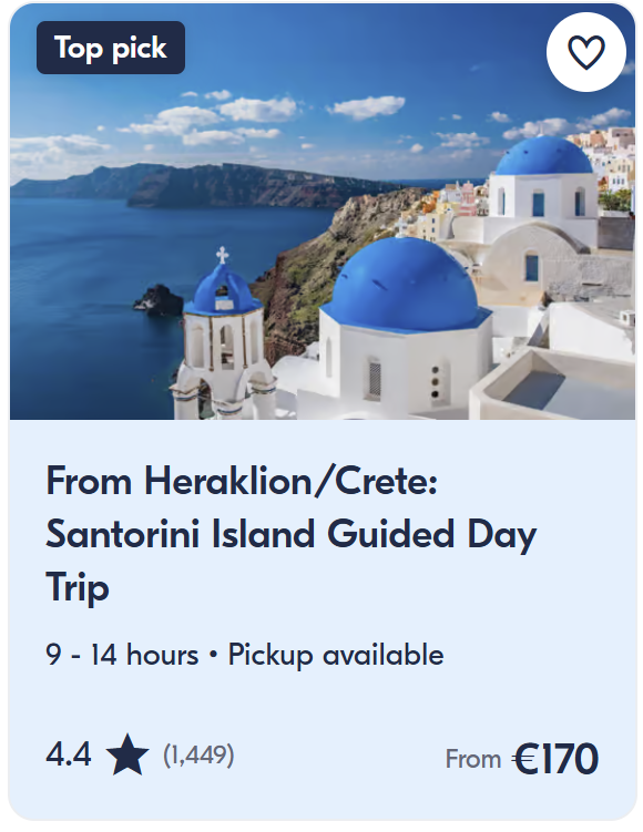 Santorini island day trip from Heraklion, Crete – guided tour to Oia and Fira with caldera views and Aegean Sea scenery.