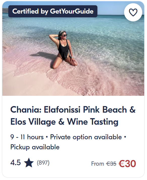 Elafonissi Pink Beach tour from Chania, Crete – turquoise water, pink sand lagoon and traditional Cretan village experience.