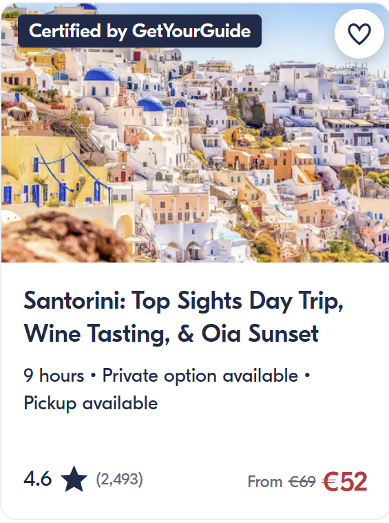 Santorini day trip from Crete with wine tasting and Oia sunset – iconic white houses, blue domes and volcanic caldera views.