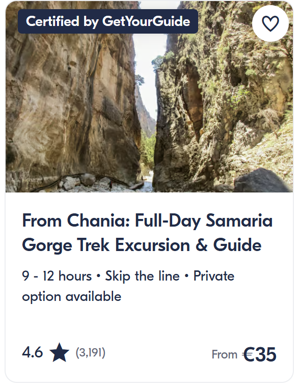 Samaria Gorge full-day hiking tour from Chania, Crete – guided trek through dramatic canyon landscapes and White Mountains national park.