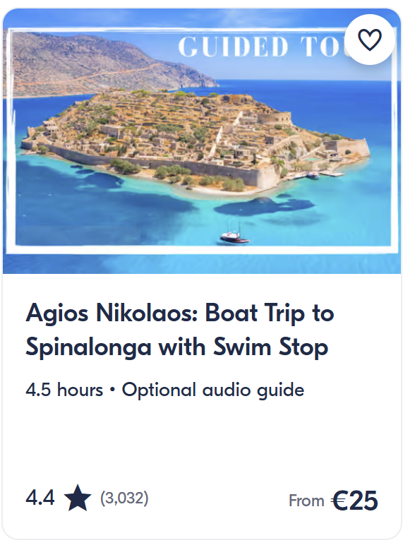 Agios Nikolaos boat trip to Spinalonga Island with swim stop in Crete – guided cruise with turquoise water views and historic Venetian fortress.