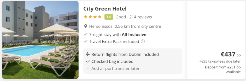 City Green Hotel 4★ in Hersonissos, Crete – outdoor swimming pool with sun loungers and umbrellas, 7-night all-inclusive stay with return direct flights from Dublin included, checked bag included, €437 per person plus €35 taxes/fees due later.