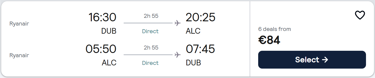 Promotional travel graphic for Alicante, Spain from Dublin, showing direct return flights 23–30 March 2026 from €81, with outbound 16:30–20:25 (DUB–ALC) and return 05:50–07:45 (ALC–DUB), beach background with palm trees, mountain view and summer accessories on sand.