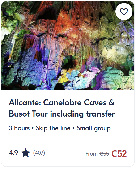 Colorful illuminated rock formations inside Canelobre Caves in Busot near Alicante – guided cave tour with transfer included.
