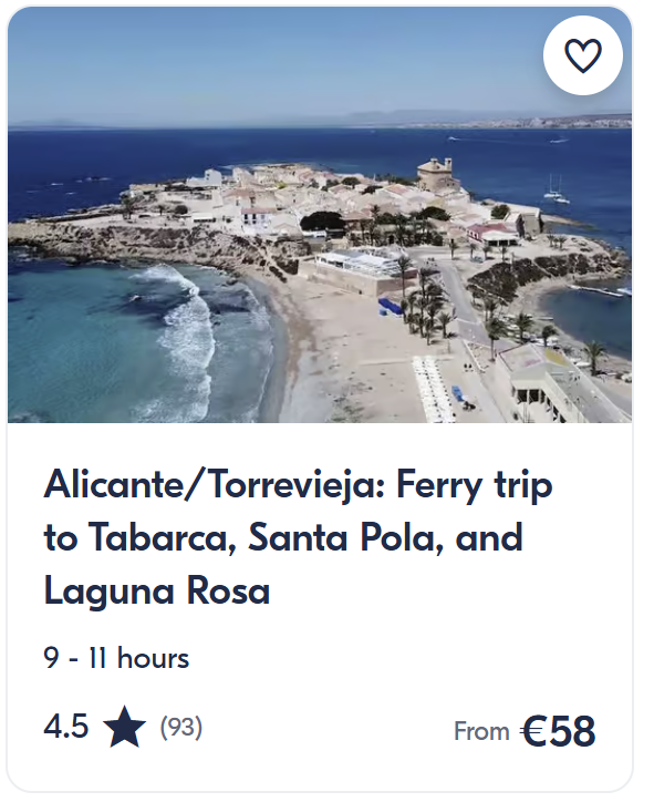 Aerial view of Tabarca island near Alicante with turquoise sea, sandy beaches and small coastal town – full-day ferry excursion from Alicante/Torrevieja.