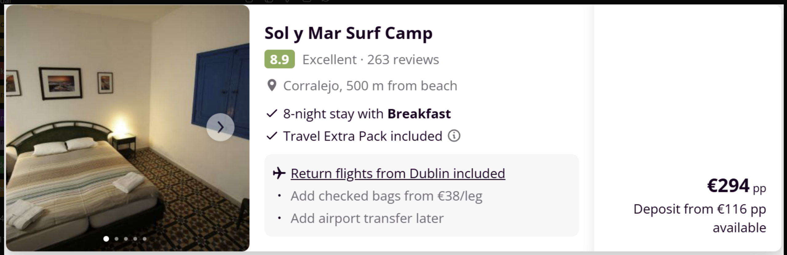 Fuerteventura holiday from Dublin with flights and hotel – Sol y Mar Surf Camp in Corralejo near the beach with breakfast included and 8 night stay.