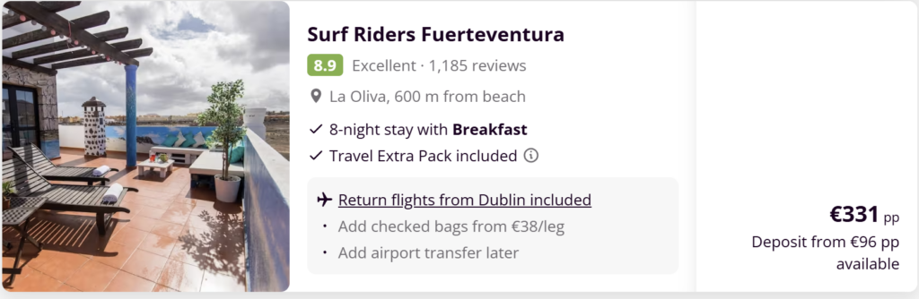 Fuerteventura holiday from Dublin with flights and hotel – Surf Riders Fuerteventura accommodation in La Oliva near the beach with breakfast included and 8 night stay.