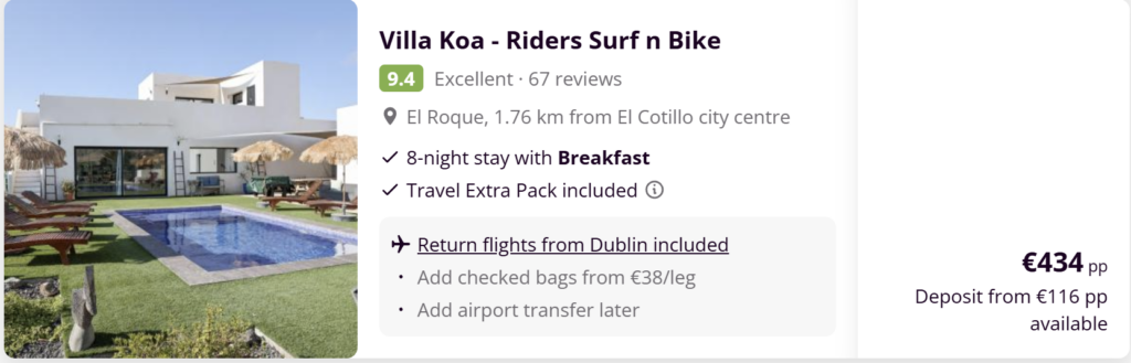 Fuerteventura package holiday from Dublin with flights and hotel – Villa Koa Riders Surf n Bike accommodation near El Cotillo with breakfast and 8 nights stay.