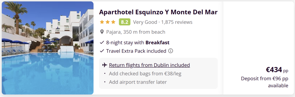 Fuerteventura holiday from Dublin with flights and hotel – Aparthotel Esquinzo Y Monte Del Mar in Pajara near the beach with breakfast included and 8 night stay.