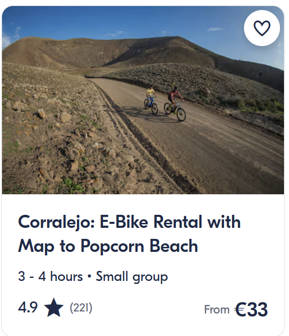 E-bike tour from Corralejo to Popcorn Beach in Fuerteventura, cycling through volcanic landscapes and coastal trails.