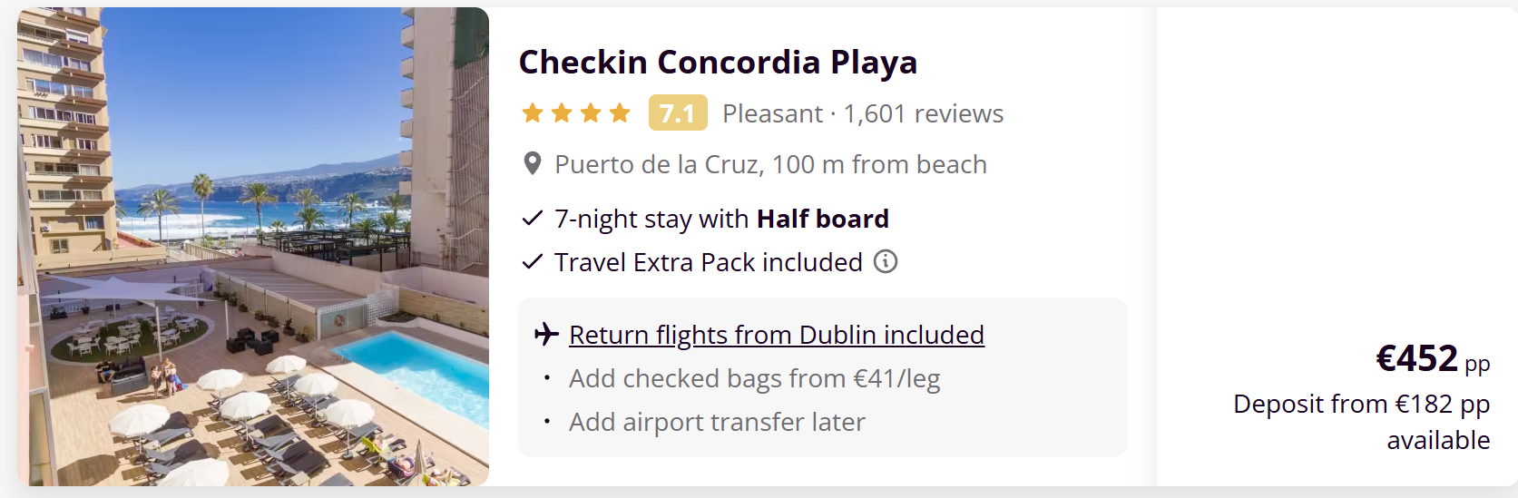 Checkin Concordia Playa Tenerife holiday from Dublin with return flights included, 7-night half board stay in Puerto de la Cruz beach hotel from €452 per person.
