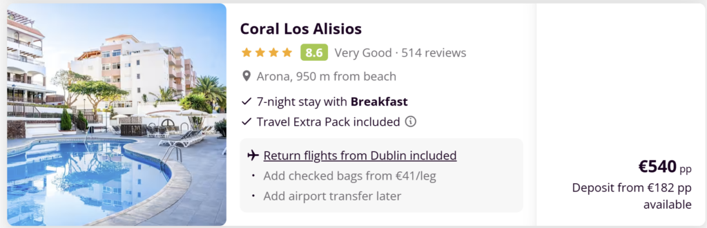 Coral Los Alisios Tenerife holiday from Dublin with flights included, 7-night stay with breakfast in Arona near Los Cristianos beach from €540 per person