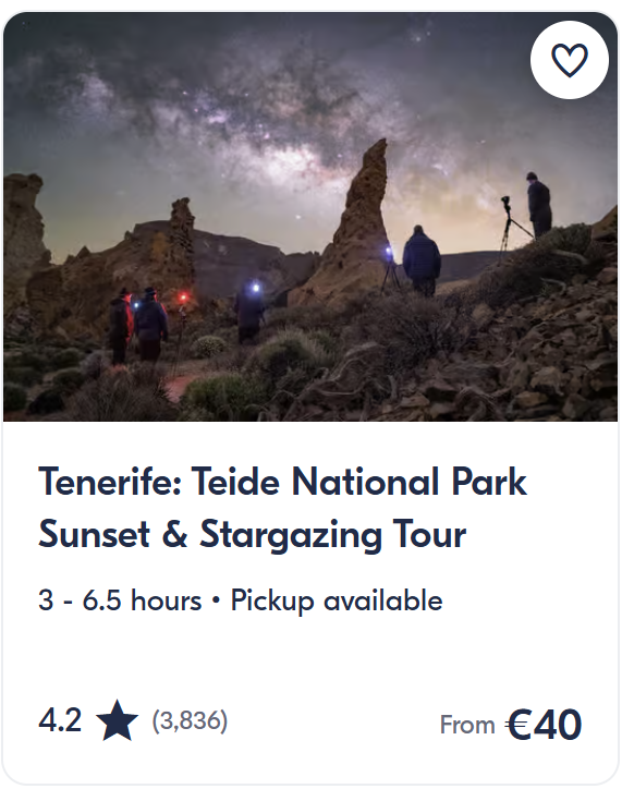 Teide National Park sunset and stargazing tour Tenerife, night excursion to Mount Teide with volcano views and star watching.