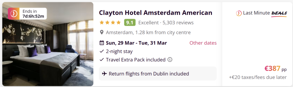 Clayton Hotel Amsterdam American city break from Dublin with return flights included, 2-night stay in central Amsterdam hotel 1.28 km from city centre, price from €387 per person.