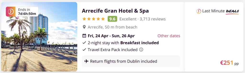Arrecife Gran Hotel & Spa Lanzarote beach hotel deal from Dublin with flights included, 2-night stay with breakfast, hotel located 50 m from the beach in Arrecife, Canary Islands, price from €251 per person.