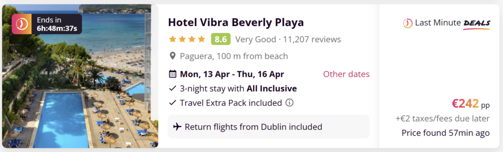 Hotel Vibra Beverly Playa Mallorca all inclusive holiday from Dublin with return flights, 3-night stay in Paguera near the beach Majorca Spain travel deal from €242 per person.