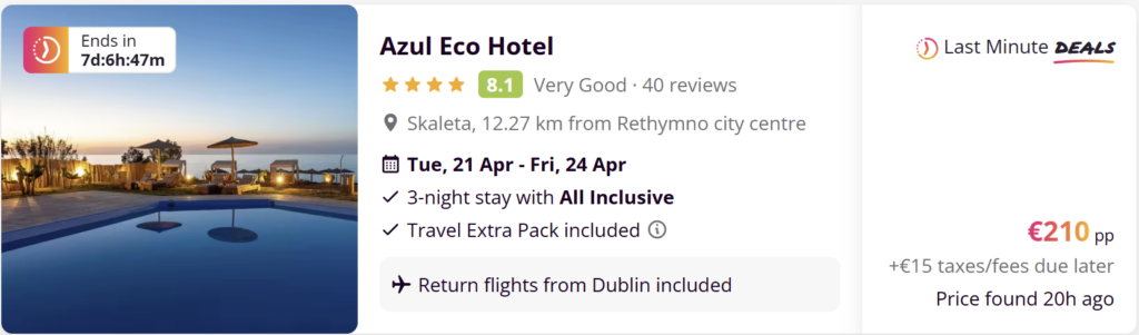 Azul Eco Hotel Crete all inclusive holiday from Dublin with return flights, 3-night stay in Skaleta near Rethymno, Greece beach hotel deal from €210 per person.