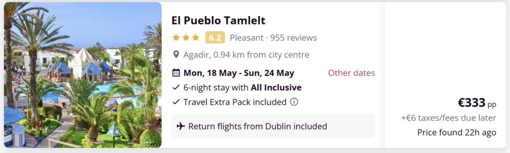El Pueblo Tamlelt Agadir all inclusive holiday from Dublin with return flights, 6-night stay near Agadir city centre Morocco, beach resort deal from €333 per person.