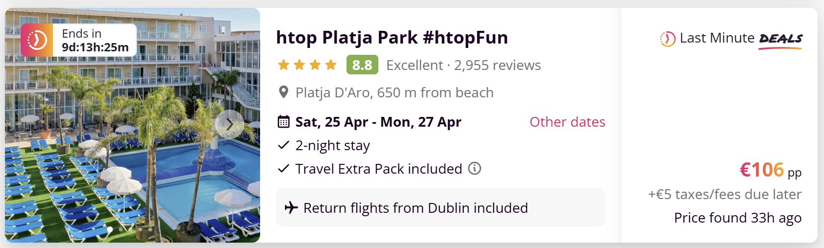 htop Platja Park hotel in Platja d’Aro Costa Brava Spain with swimming pool near the beach, 2-night stay with return flights from Dublin included from €106 per person.