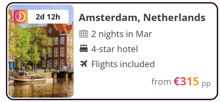 Amsterdam Netherlands city break deal with flights and 4-star hotel included, 2-night stay from €315 per person.