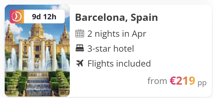 Barcelona Spain city break deal with flights and 3-star hotel included, 2-night stay in April from €219 per person.